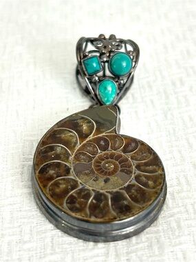Sterling Silver Ammonite Fossil & Turquoise Gemstone Pendant Inlay Necklace New